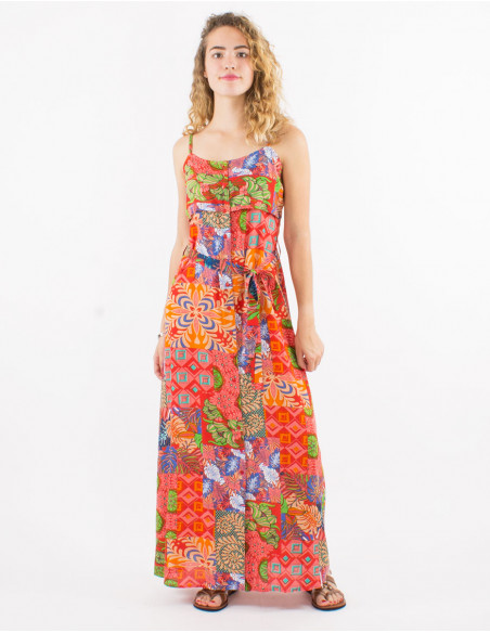 Long viscose dress with straps and ethno print