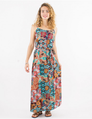 Long viscose dress with straps and ethno print