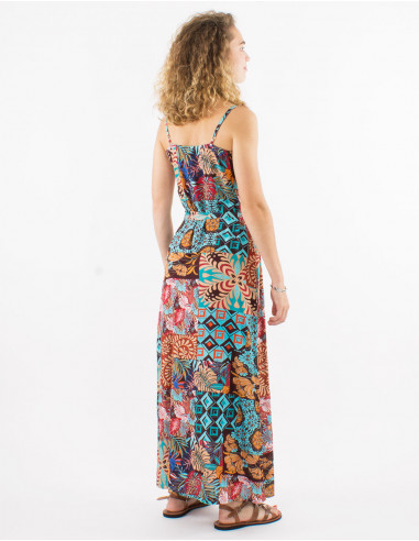 Long viscose dress with straps and ethno print