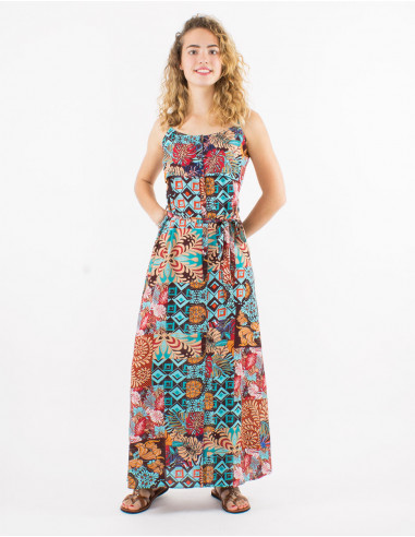 Long viscose dress with straps and ethno print