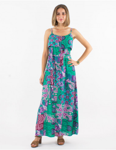 Long viscose dress with straps and ethno print