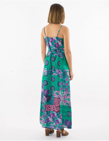 Long viscose dress with straps and ethno print