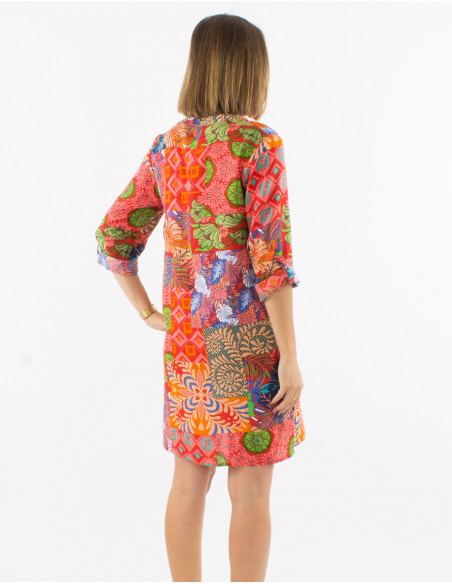 Robe viscose manches 3/4 retroussables imprimé ethnique