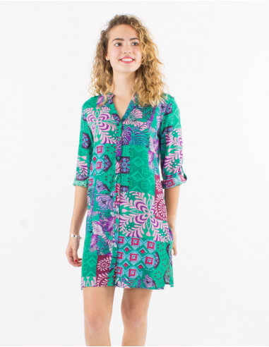 Viscose dress with roll-up 3/4 sleeves and ethno print