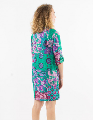 Robe viscose manches 3/4 retroussables imprimé ethnique