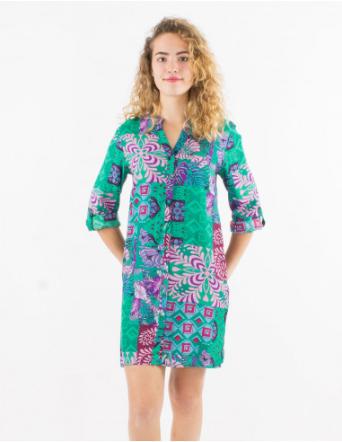 Robe viscose manches 3/4 retroussables imprimé ethnique
