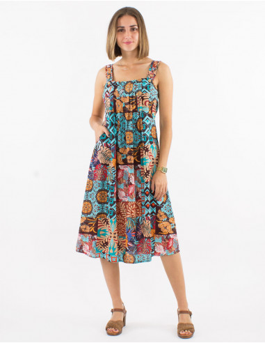 Viscose large straps dress and ethno print