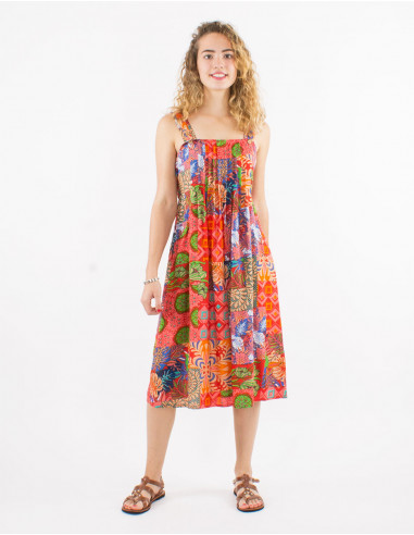 Viscose large straps dress and ethno print