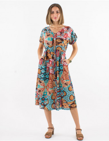 Viscose short sleeves dress and ethno print