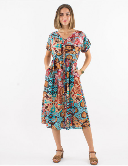 Robe viscose manches courtes imprimé ethnique
