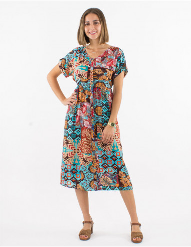 Robe viscose manches courtes imprimé ethnique