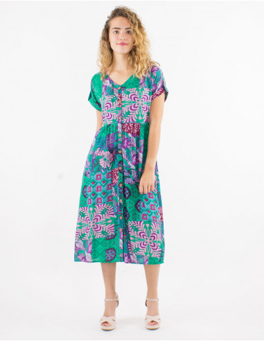 Viscose short sleeves dress and ethno print