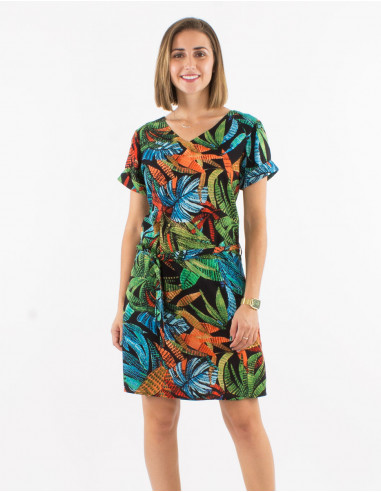 Viscose v-neck dress with short sleeves and hawai print