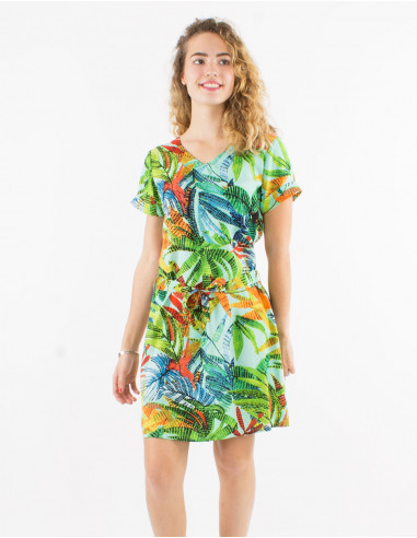 Viscose v-neck dress with short sleeves and hawai print