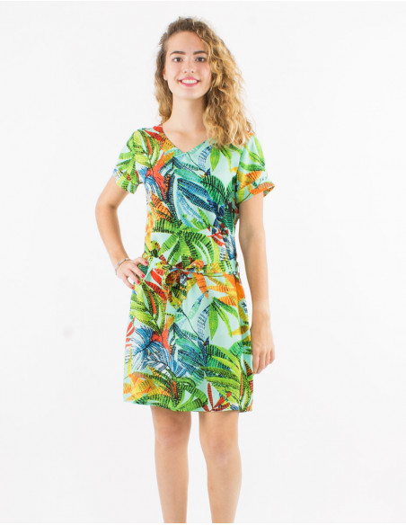 Robe viscose col v manches courtes imprimé hawai