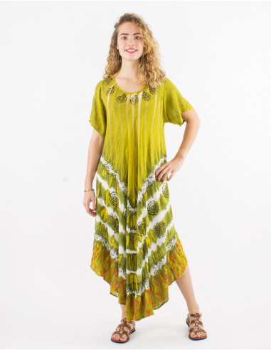 Long viscose crepe umbrella dress with short sleeves