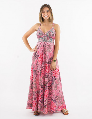 Long polyester backless dress and pansy print