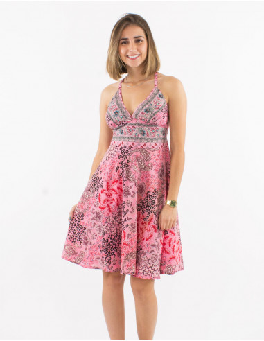 Short polyester backless dress and pansy print