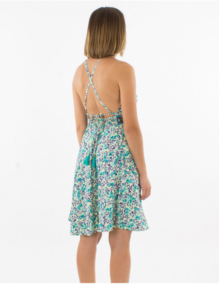 Short polyester backless sari dress and golden print