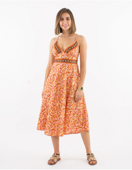 Polyester backless sari dress with golden print