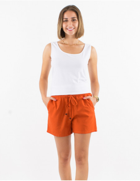 Short 91% coton 9% lin uni ceinture elastique