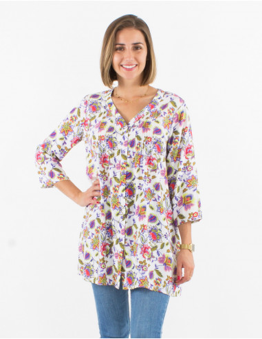 Viscose tunic with 3/4 sleeves and paradise print