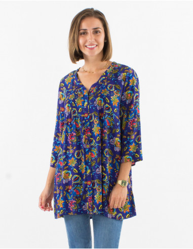 Viscose tunic with 3/4 sleeves and paradise print