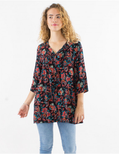 Viscose tunic with 3/4 sleeves and paradise print