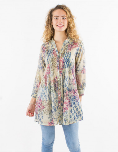 Cotton voile Tie and Dye overdyed tunic with 3/4 sleeves