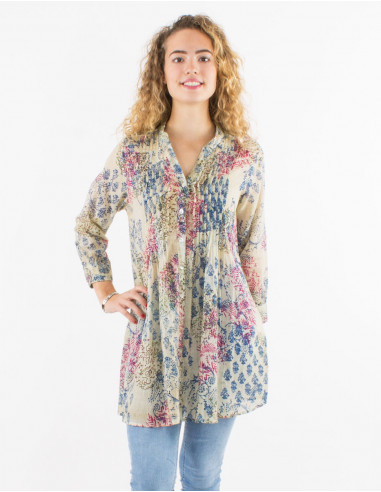 Cotton voile Tie and Dye overdyed tunic with 3/4 sleeves