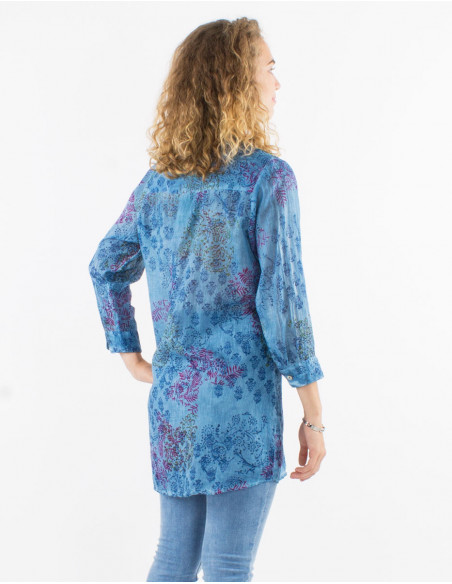 Cotton voile Tie and Dye overdyed tunic with 3/4 sleeves