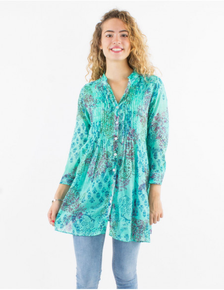 Cotton voile Tie and Dye overdyed tunic with 3/4 sleeves