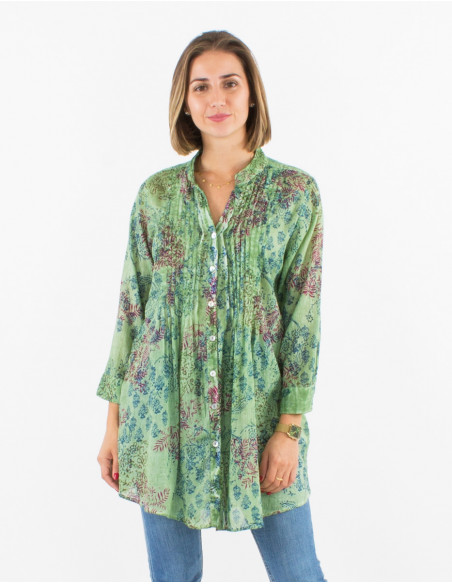 Cotton voile Tie and Dye overdyed tunic with 3/4 sleeves