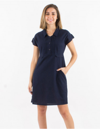 91% cotton 9% linen plain dress with short sleeves