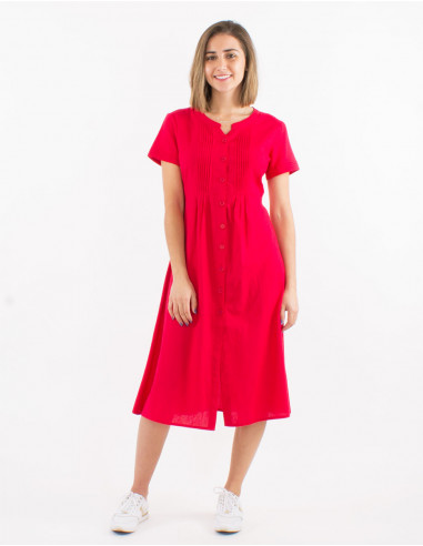 Dress 91% cotton 9% linen plain buttoned dress with short sleeves