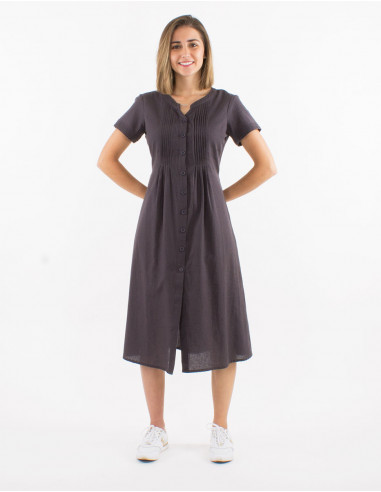Dress 91% cotton 9% linen plain buttoned dress with short sleeves