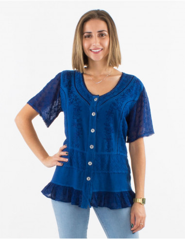 Embroidered sw viscose blouse with short sleeves