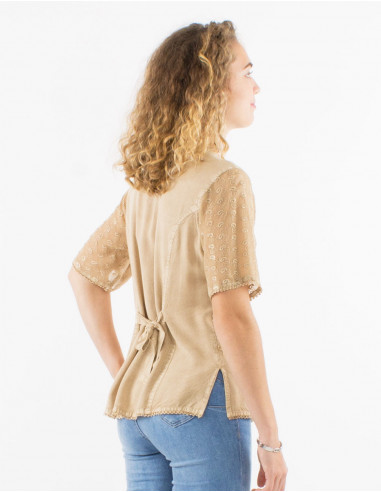 Embroidered sw viscose blouse with short sleeves