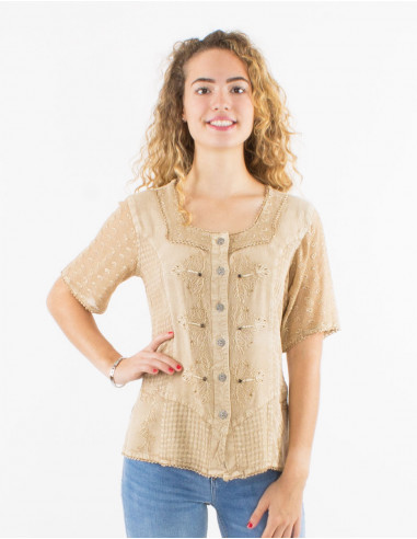 Embroidered sw viscose blouse with short sleeves