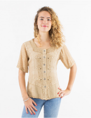 Embroidered sw viscose blouse with short sleeves