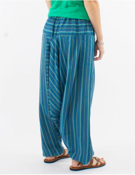 Mixed striped cotton harem pants elastic belt pockets