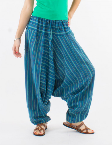 Mixed striped cotton harem pants elastic belt pockets
