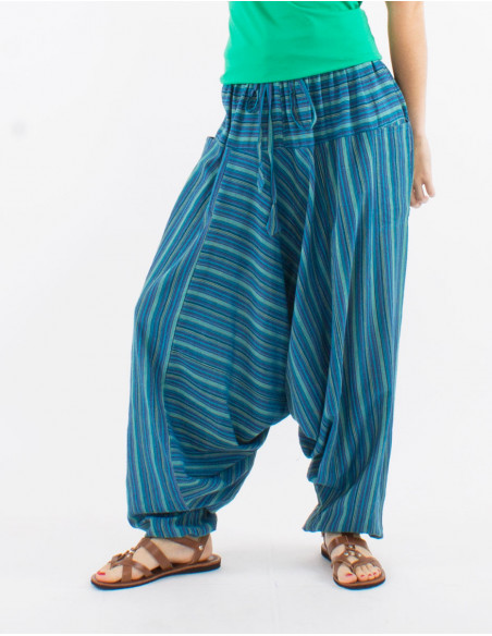Mixed striped cotton harem pants elastic belt pockets