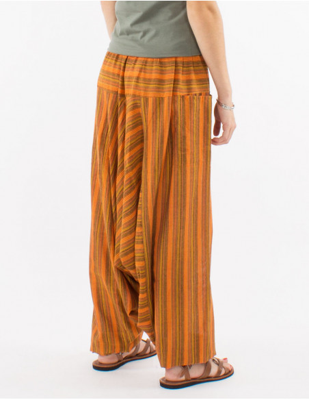 Mixed striped cotton harem pants elastic belt pockets