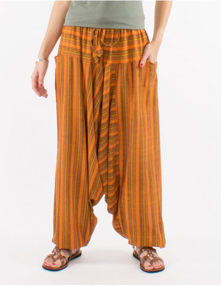 Mixed striped cotton harem pants elastic belt pockets