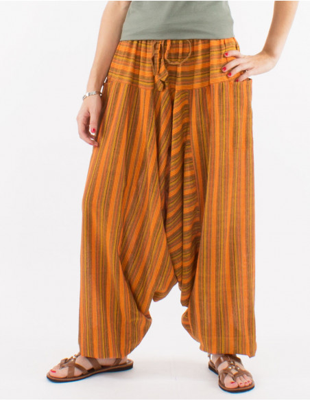 Mixed striped cotton harem pants elastic belt pockets