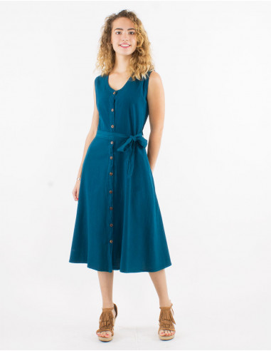 Cotton plain buttoned sw dress with belt