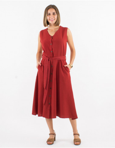 Cotton plain buttoned sw dress with belt