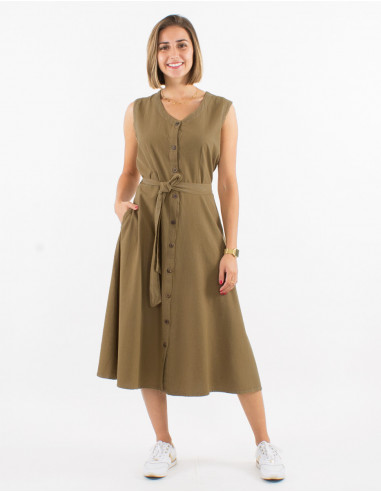 Cotton plain buttoned sw dress with belt