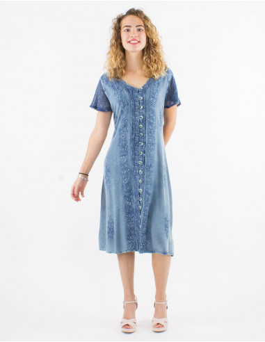 Robe Viscose Brodee Manches Courtes